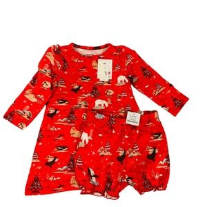 Earth by Art & Eden Baby Girl 2 Piece Dress Set Sz 18 Months Red Holiday Bear